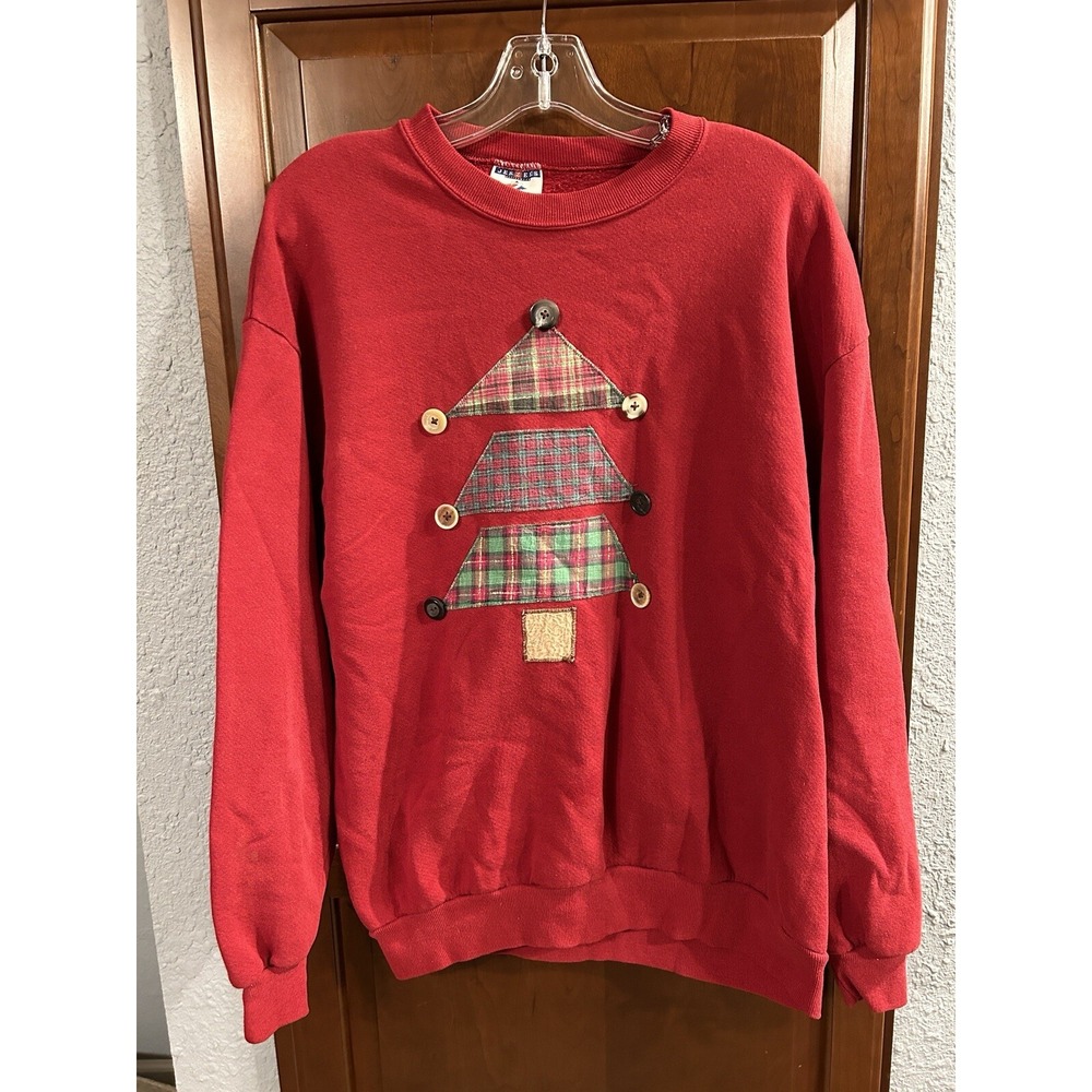 Vintage Jerzees Plaid Christmas Tree Buttons Sweatshirt Red Ugly Sweater Large